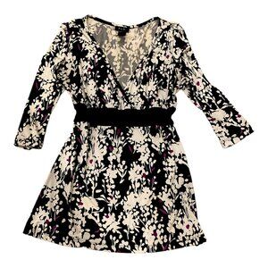 FLP Floral V-Neck Stretchy Top Black, White & Purple Women's Size M